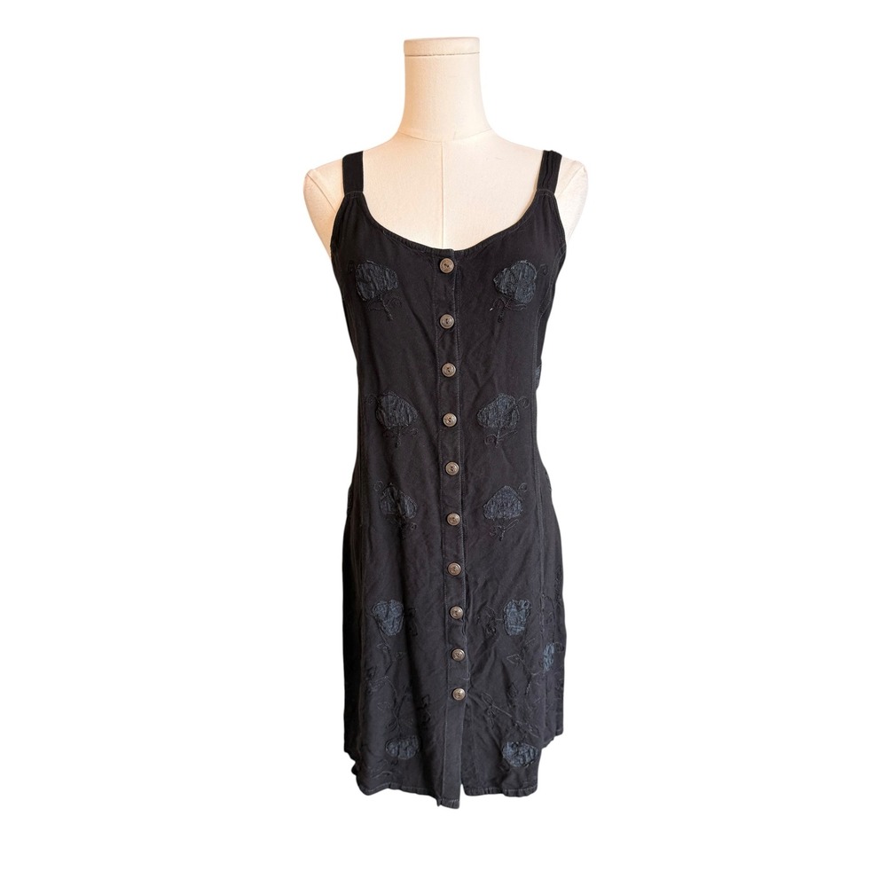 24 Karat Vintage Black Rayon Floral Embroidered Button Front Midi Dress Size M
